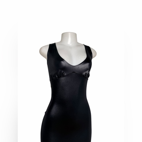 VTG 90s Trashy Black Wet-Look Maxi Dress | Lace-Up Back | Bodycon | Size S - Picture 2 of 11